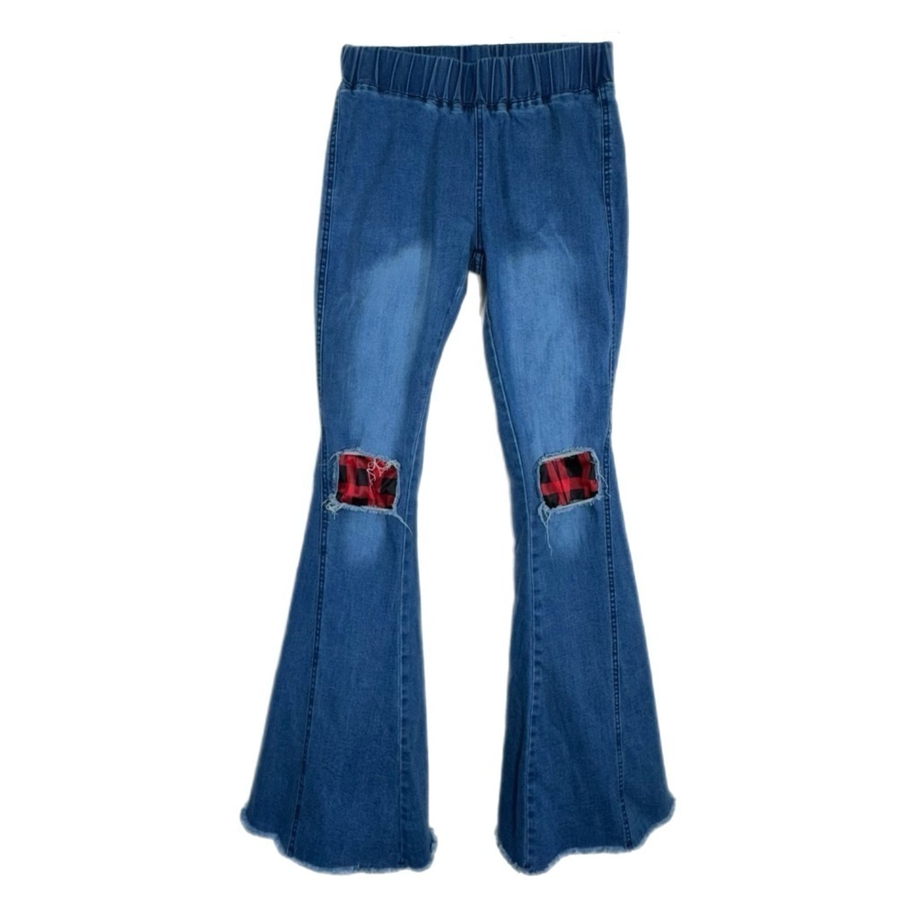 Women’s Red Plaid Patchwork Knee Distressed Pull-On Flared Frayed Jeans